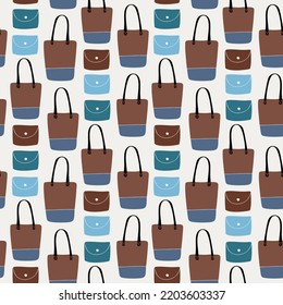 Seamless stylish pattern with beauty drawn womans  shopping bags. Decorative fashion background with handbags and wallets, pouches