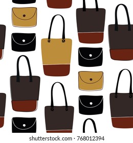 Seamless stylish pattern with beauty drawn womans bags. Decorative fashion background with brown handbags and wallets, pouches