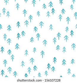 Seamless stylish pattern with blue watercolor fir trees. Vector illustration