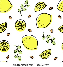 Seamless stylish pattern with citrus lemon. Vector background of whole fruits and slices. Flat design. Ideal for textiles, wrapping paper, wallpaper. Illustration isolated on white. 