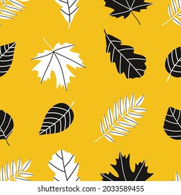 Seamless stylish pattern of colorful autumn symbols. Floral background of autumn leaves. Vector illustration