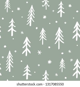 Seamless stylish pattern with cute hand drawn Doodle Pine Trees. Vector Outline illustration, White on Green