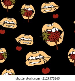 Patrón elegante y sin inconvenientes que representa labios jugosos que contienen fresas o cerezas. El diseño es apto para prendas de vestir, tejidos, embalajes, interiores o artículos de papelería.