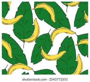 Seamless stylish pattern with fresh yellow bananas on green leaves background in graphic style. Bananas vector pattern for cloth, textile, wrap, tshirt, bermudas and other design.
