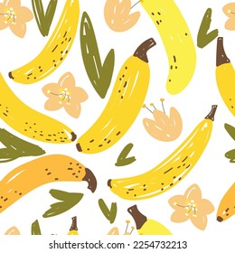 Seamless stylish pattern with hand-drawn bananas, flowers, leaves.