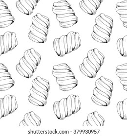Seamless stylish pattern with marshmallow in sketch. Sweet pattern for clothing design. Summer pattern for design. Background with sweets. Pattern for confectionery packaging dessert. Coloring