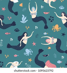 Seamless stylish pattern with mermaids, fish and underwater plants. Vector sea background. Cartoon underwater illustration. 