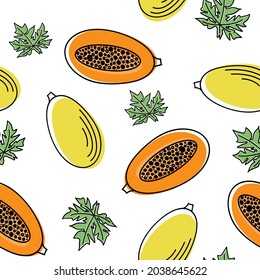 Nahtloses stylisches Muster mit Papaya-Früchten. Vektorhintergrund von ganzen Früchten und Scheiben. Flaches Design. Ideal für Textilien, Wickelpapier, Tapete. Illustration einzeln auf Weiß. 
