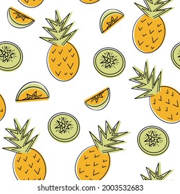 Patrón elegante sin inconfundibles con frutos de piña. Fondo vectorial de frutas enteras y rodajas. Diseño plano. Ideal para textiles, papel de envoltura, papel pintado. Ilustración aislada en blanco. 