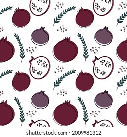 Seamless stylish pattern with pomegranate fruits. Vector background of whole fruits and slices. Flat design. Ideal for textiles, wrapping paper, wallpaper. Illustration isolated on white. 