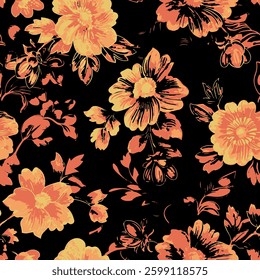 Seamless stylish pattern, vintage flowers on black background