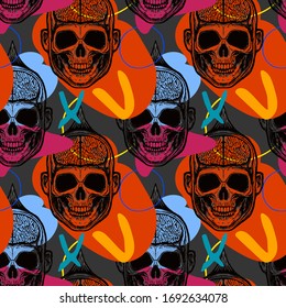 Seamless stylish pop art pattern with skulls. Bright colorful illustration for printing textile, packaging, covers, fashion design.