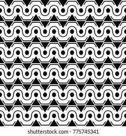 Seamless stylish texture with ancient style, triangle and circle theme. Black and White. For wallpaper, surface, web design, textile, decor
