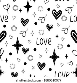 Seamless stylish trendy black and white pattern with hearts, stars, word love, lines, circles.  Set is suitable for wrapping paper, notebooks, bedding, clothes, valentine's day, holidays, party