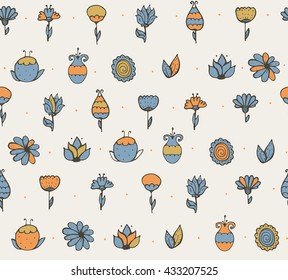 Seamless stylish vector texture with colorful doodle flowers, simple, handdrawn, on light background. Pattern drawn with brush and ink by hand, have vivid colors, can be used for print, textile design