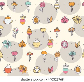 Seamless stylish vector texture with colorful doodle flowers, simple, handdrawn on light background in circles. Pattern drawn with brush and ink by hand, have imperfections, can be used for textile.