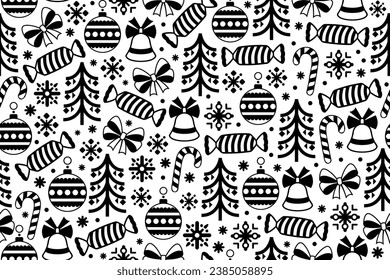  Seamless stylized, abstract Christmas pattern. Endless repeating pattern with Christmas design elements and decorations.