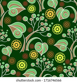 Seamless stylized abstract pattern (background) with linden  leaves silhouette.  Texture with branches.