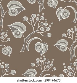 Seamless stylized abstract pattern (background) with linden  leaves silhouette.  Texture with branches.
