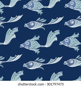 Seamless stylized abstract pattern (background) with fish silhouette.  Texture with  fish. 