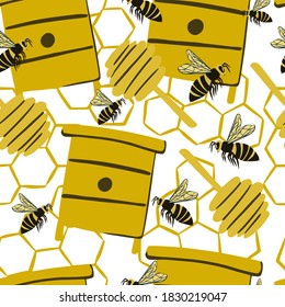 Seamless stylized bee pattern with honey spoons, hives, honeycombs. White background. Farm organic print. Great for fabric design, textile print, wrapping, cover. Vector illustration.