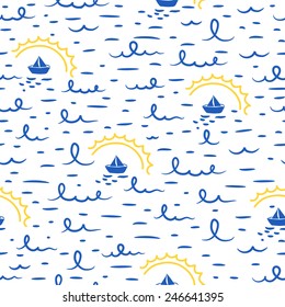 Seamless stylized childish sea waves pattern with little ships and sun. Vector 