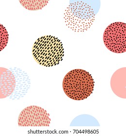 Seamless stylized colorful graphic pattern. Scandinavian fun ornament. Cute colorful design with dots and lines.