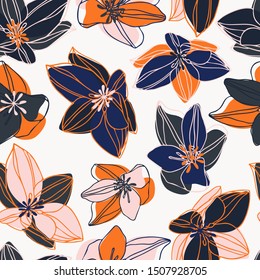 Seamless stylized design with colchicum flowers. Can be used for printing on paper, stickers, badges, bijouterie, cards, textiles. 