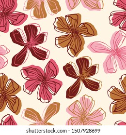 Seamless stylized design with pink colchicum flowers. Can be used for printing on paper, stickers, badges, bijouterie, cards, textiles. 