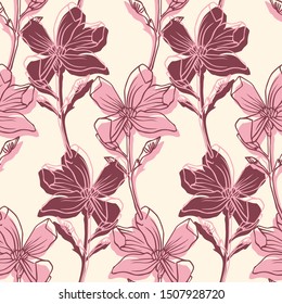 Seamless stylized design with pink colchicum flowers. Can be used for printing on paper, stickers, badges, bijouterie, cards, textiles. 