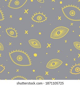 Seamless stylized eyes seamless pattern with 2021 colors (Ultimate Gray + Illuminating). Trend background for your design. Perfect for kids room, decorations for advertising, internet, fabric. 