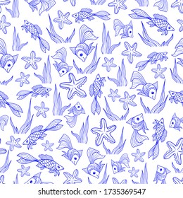 seamless stylized fish pattern ocean day outline isolate stroke line sketch vector doodle children background textile print nautical