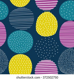 Seamless stylized graphic pattern. Scandinavian fun ornament. Cute colorful design with dots and lines