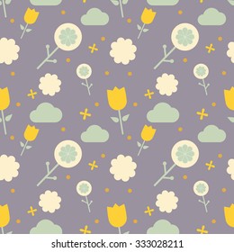 Seamless stylized graphic pattern with yellow tulip, cloud, dot and abstract flower. Scandinavian ornament. Cute design for kids