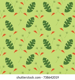Seamless stylized leaf orange flower grass pattern background
