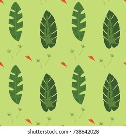 Seamless stylized leaf orange flower grass pattern background