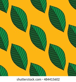 Seamless stylized leaf pattern. Green leaves ornament. Green leaves on a yellow background pattern.