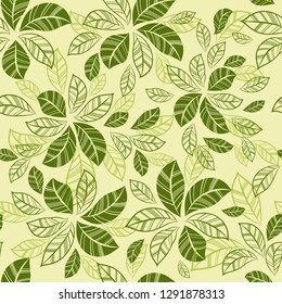 Seamless stylized leaves shapes green pattern. Abstract leaf background. Seasonal design vector illustration.