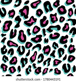 Seamless stylized leopard print with blue and pink spots on white background. Vector illustration.  