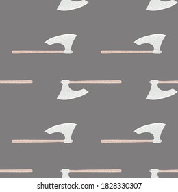 Seamless stylized middle ages pattern with viking ax silhouettes. Pale ornament in grey tones. History weapon backdrop. Designed for fabric design, textile print, wrapping, cover. Vector illustration.