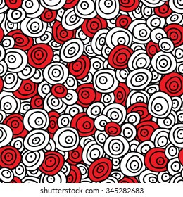 Seamless stylized ornament with doodle concentric circles and dots. Black, white and red pattern background.