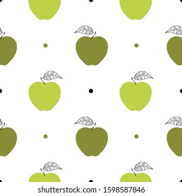 Seamless stylized pattern with apples on a white background. Green apples with leaves. Modern design of textiles, print, wrapping paper, banner, poster. Vector illustration.