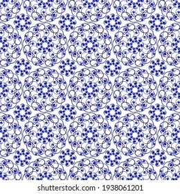Nahtloses stylisiertes Muster blauer Blumenverzierungen im russischen Folklore