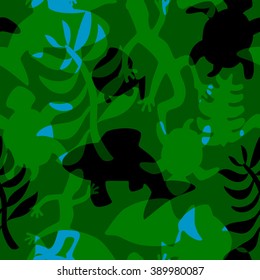 seamless stylized pattern with intersecting silhouettes of fishes, reptiles and plants
making a kind of camouflage design
