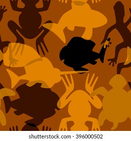 seamless stylized pattern with intersecting silhouettes of fishes, reptiles and amphibia,
making a kind of camouflage design