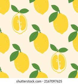 Seamless, stylized pattern with lemons. Juicy and ripe fruits of yellow color. Modern design of textiles, print, wrapping paper, banner, poster. Vector illustration