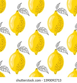 Seamless, stylized pattern with lemons on a white background. Juicy and ripe fruits of yellow color. Modern design of textiles, print, wrapping paper, banner, poster. Vector illustration.