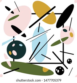 Seamless stylized pattern with multicolored geometric shapes and lines on a white background. Vector illustration.