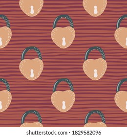 Seamless stylized pattern with orange lock ornament. Door elements on maroon stripped background. Decorative backdrop for wallpaper, textile, wrapping paper, fabric print. Vector illustration.
