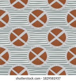 Patrón de diseño sin foco con ornamento de escudo de madera de círculo marrón escandinavo. Fondo rayado gris. Impresión de arma. Diseñado para el diseño de tejidos, impresión textil, envoltura, cubierta. Ilustración vectorial.